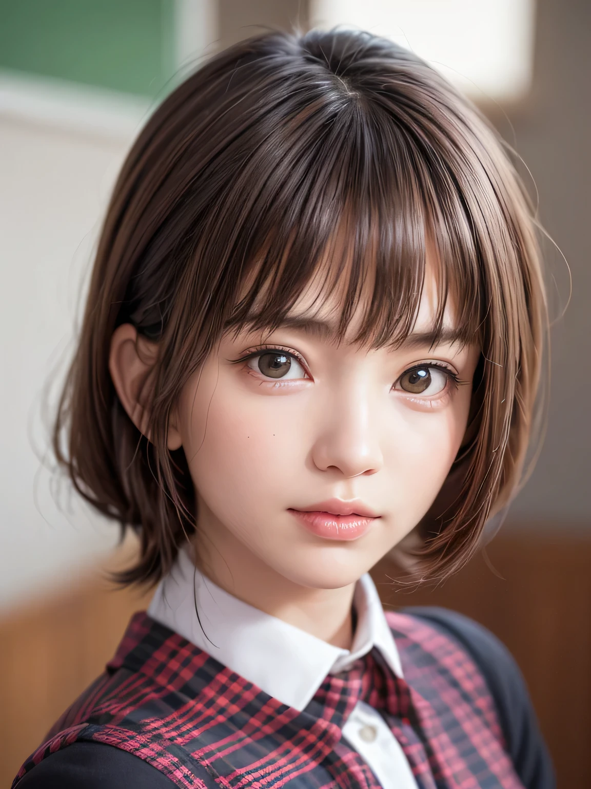 (One girl), (View from the front), (Very cute face:1.5), (Face close-up:1.3), (Very detailed目, Very detailed顔), (Big eyes), (Ultra-realistic, High resolution), (Big eyes:1.4), (super high quality), Real skin texture, RAW Photos, (Realistic, Photorealistic:1.37), Very detailed, Professional photography, (school uniform, ribbon:1.3), (Look at me), (School, classroom),