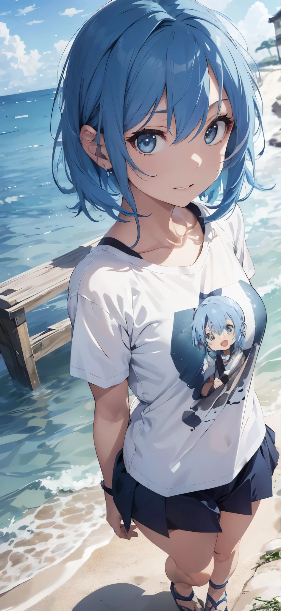 Silver-haired girl drawn in high resolution Japanese anime style、(Browsing Caution:1.2), (8k, Raw photo, Best image quality, masterpiece: 1.4), Very detailedな, (Realistic, Photorealistic: 1.48), One Girl, Focus Only, Type Moon Style, Kyoto Animation Style, short hair, (Blue Hair:1.7), Blunt bangs, Hair between the eyes, Clear Eyes, Side Lock, Gray Hair, Shiny Hair, Beautiful and detailed cold face, Captivating smile, anger, Intricate details、Beautiful and delicate eyes, just_shoulder, Big Breasts, Grey Eyes, White skin, hair ornaments, (((T-Shirts))), Swim ring, Swimwear, beautiful just back, Sandals, Skin dents, clavicle, just_feet, Beach, Beautifully detailed skies, White Sand, wood, Extremely accurate details, disorganized person, Very detailed, 16k wallpaper,oarsman