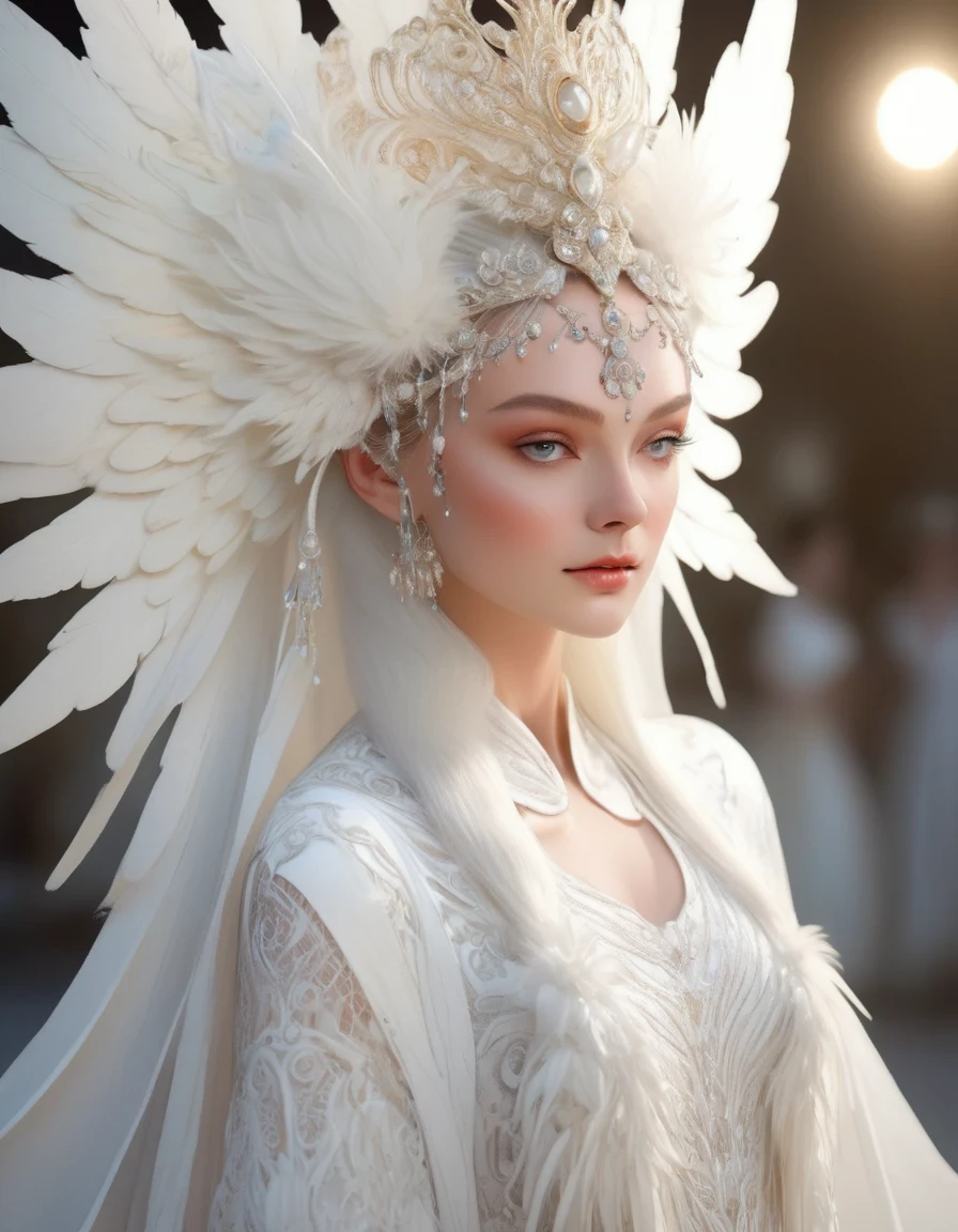 a beautiful elf model posing on a runway, wearing a white lace angelic costume with large feathered wings, intricate woven and lace detailing, a divine and ethereal appearance, glowing with heavenly light, hyper-realistic, 8k, highly detailed, photorealistic, dramatic studio lighting, volumetric lighting effects, elegant victorian-inspired fashion, seamless flawless skin, intricate feather textures, translucent wing membranes, flowing graceful pose, serene and angelic expression
