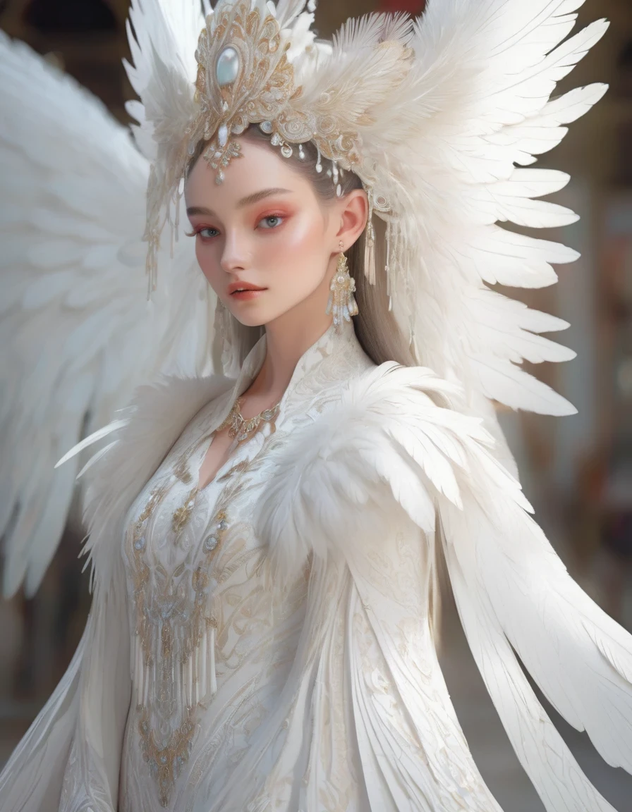 a beautiful elf model posing on a runway, wearing a white lace angelic costume with large feathered wings, intricate woven and lace detailing, a divine and ethereal appearance, glowing with heavenly light, hyper-realistic, 8k, highly detailed, photorealistic, dramatic studio lighting, volumetric lighting effects, elegant victorian-inspired fashion, seamless flawless skin, intricate feather textures, translucent wing membranes, flowing graceful pose, serene and angelic expression