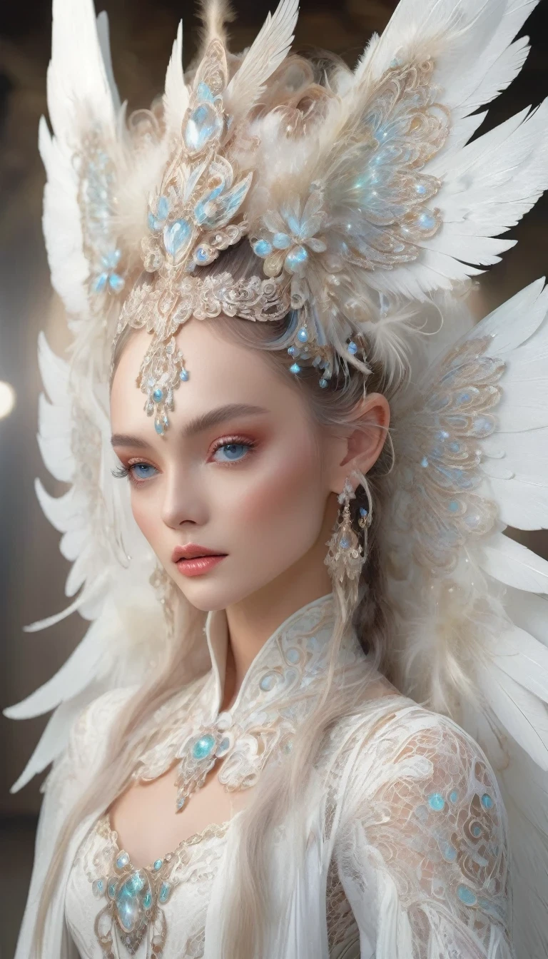 a beautiful elf model posing on a runway, wearing a white lace angelic costume with large feathered wings, intricate woven and lace detailing, a divine and ethereal appearance, glowing with heavenly light, hyper-realistic, 8k, highly detailed, photorealistic, dramatic studio lighting, volumetric lighting effects, elegant victorian-inspired fashion, seamless flawless skin, intricate feather textures, translucent wing membranes, flowing graceful pose, serene and angelic expression