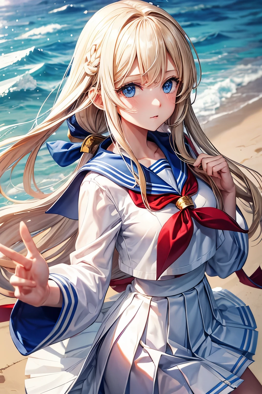 Long blond hair, blue eyes, girl, white sailor suit, red scarf, pleated skirt