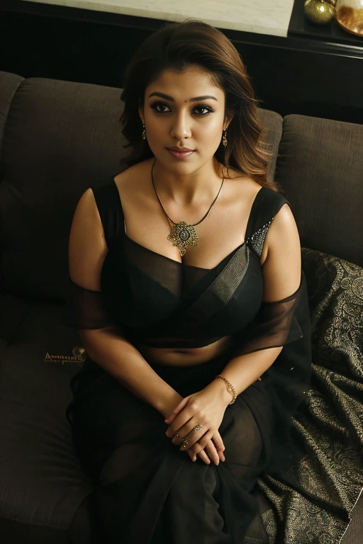 from top view, extreme close up photo of nayanthara with black see through saree, big cheeks, curvy, hourglass figure, swooping breasts, deep cleavage, sexy armpits, sitting on a couch in her bedroom, necklace, (cinematic:1.3), intricate details, (ArtStation:1.2)