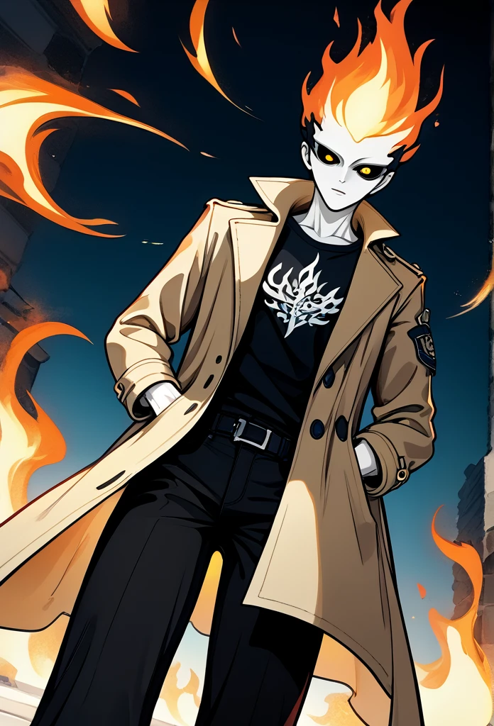 adult male, (completely black head, charcoal head, head on fire, head in flames, head covered in flames), (no face, unseen face), tall, fit body, (glowing eyes, golden eyes, side eyeing viewer), (long trench coat, black t-shirt, black pants), hands in trench coat, below view, sidewalk, morning, cowboy shot