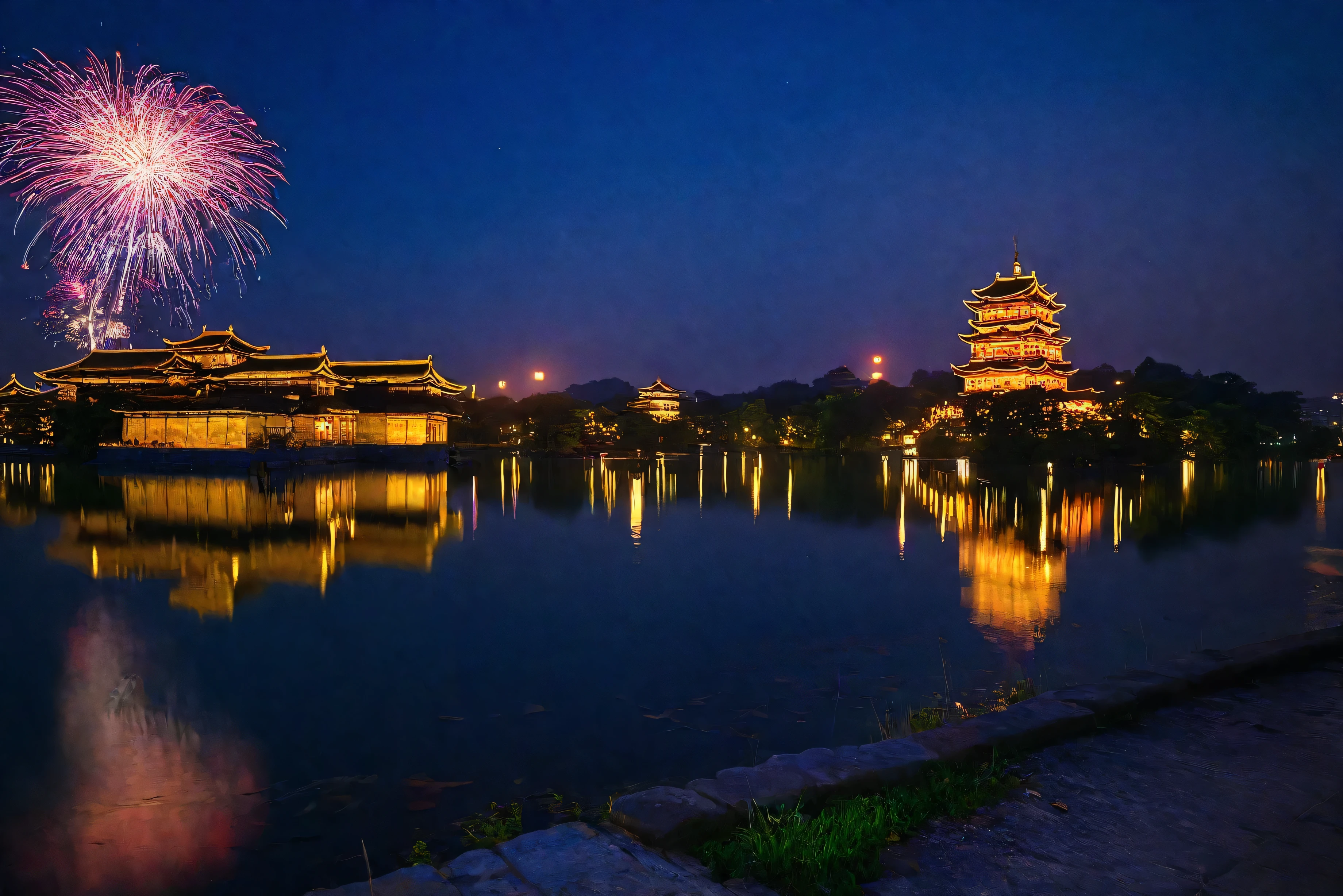 Night view of the lake，A bridge and a building in the background, Visual arts, old Chinese building, Photography taken during the blue hour, The glittering temple in the distance, Hangzhou, Blue Hour Photography, Ancient Chinese Tower, Shot with Sony a7r camera, Photos taken with Sony a7r, 中国宫殿Fireworkss are lit up in the sky above a lake and a city, Fireworkss in background, Fireworkss, Fireworkss in the background, Fireworks, [ Fireworkss in the sky ]!!, fireworks, Fireworks smoke trails, Fireworksscelebrate, July 4th, author：Kazimierz Vojniakovsky,Fireworks reflection high resolution, (Reality:1.4), reality photos, Ultra-wide-angle view, National Geographic Photo, RAW photos，Best quality），（reality，照片Reality：1.3），masterpiece，Extremely exquisite and beautiful，International Gold Award Original，Amazing，Fine details