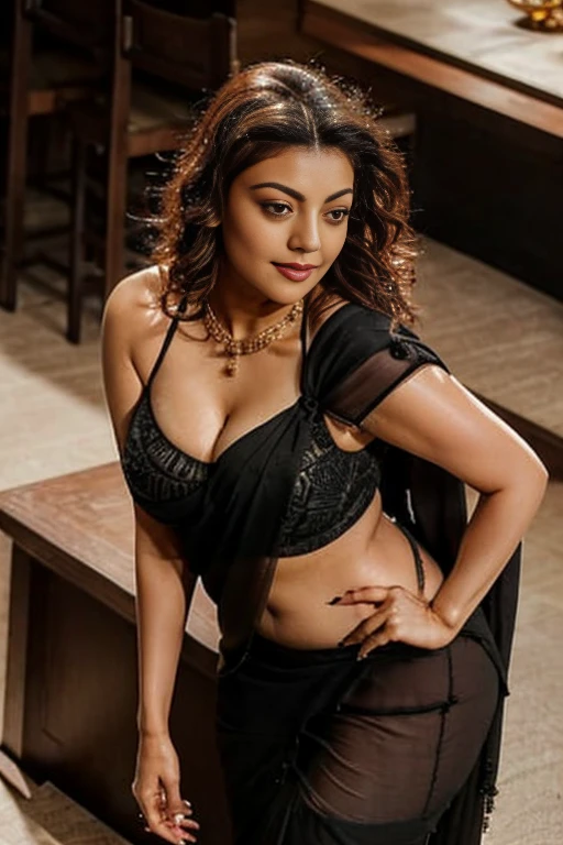 from top view, extreme close up photo of kajal Agarwal with black see through saree, big cheeks, curvy, hourglass figure, swooping breasts, deep cleavage, sexy armpits, bending over kitchentop with wide open spread legs, necklace, (cinematic:1.3), intricate details, (ArtStation:1.2)