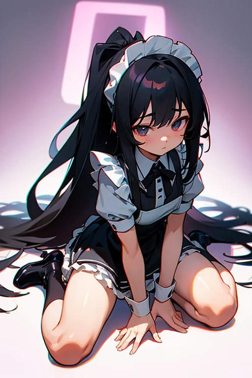 Black long hair loli, Wearing a maid outfit, Kneel down, Legs and five fingers, More meat, Cute 2D, Background Backlight HD  