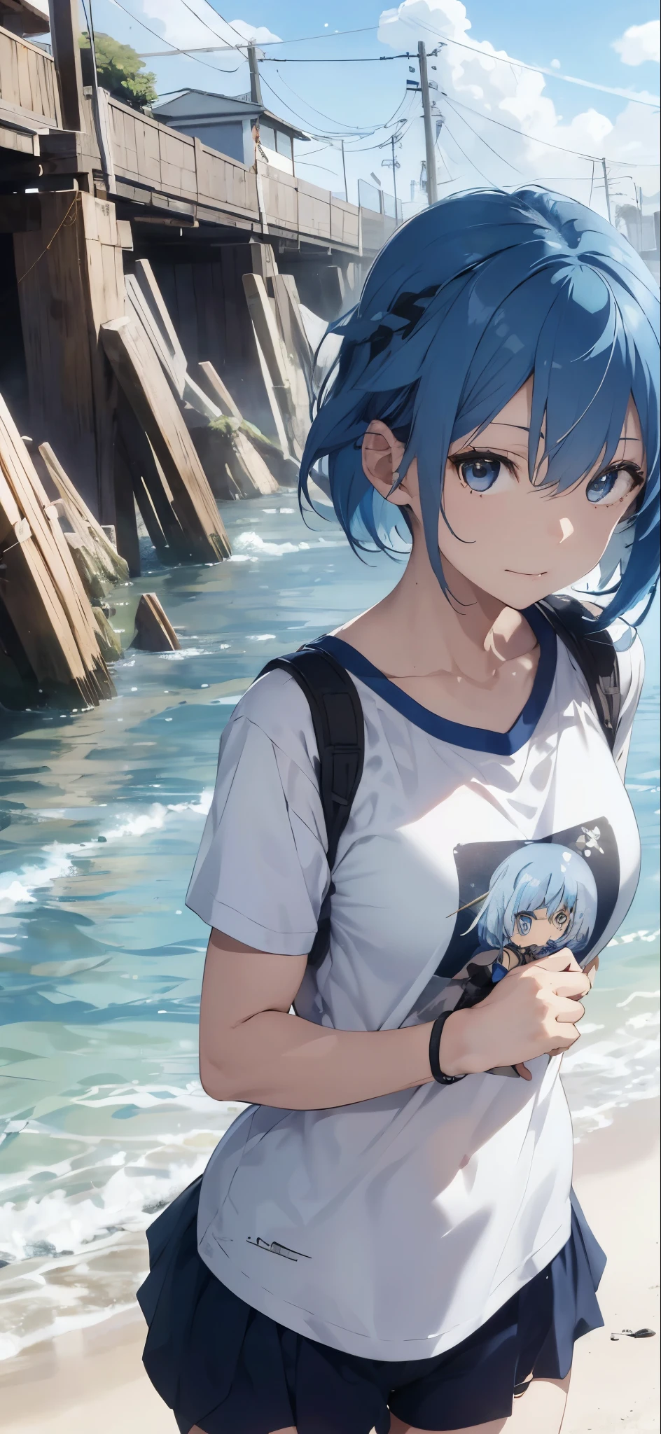 Silver-haired girl drawn in high resolution Japanese anime style、(Browsing Caution:1.2), (8k, Raw photo, Best image quality, masterpiece: 1.4), Very detailedな, (Realistic, Photorealistic: 1.48), One Girl, Focus Only, Type Moon Style, Kyoto Animation Style, short hair, (Blue Hair:1.7), Blunt bangs, Hair between the eyes, Clear Eyes, Side Lock, Gray Hair, Shiny Hair, Beautiful and detailed cold face, Captivating smile, anger, Intricate details、Beautiful and delicate eyes, just_shoulder, Big Breasts, Grey Eyes, White skin, hair ornaments, (((T-Shirts))), Swim ring, Swimwear, beautiful just back, Sandals, Skin dents, clavicle, just_feet, Beach, Beautifully detailed skies, White Sand, wood, Extremely accurate details, disorganized person, Very detailed, 16k wallpaper,oarsman