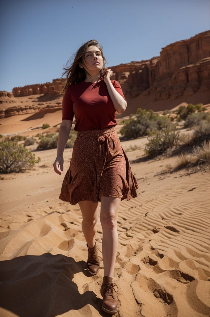 beauty plump woman with brown hair in red shoes in red，Refined looks，Fairy air fluttering，The gauze skirt flew up，Take photos in the desert，ultra-realistic realism，color field printing，high detal，hyper HD，anatomy correct，cinematic lighting 4d quality