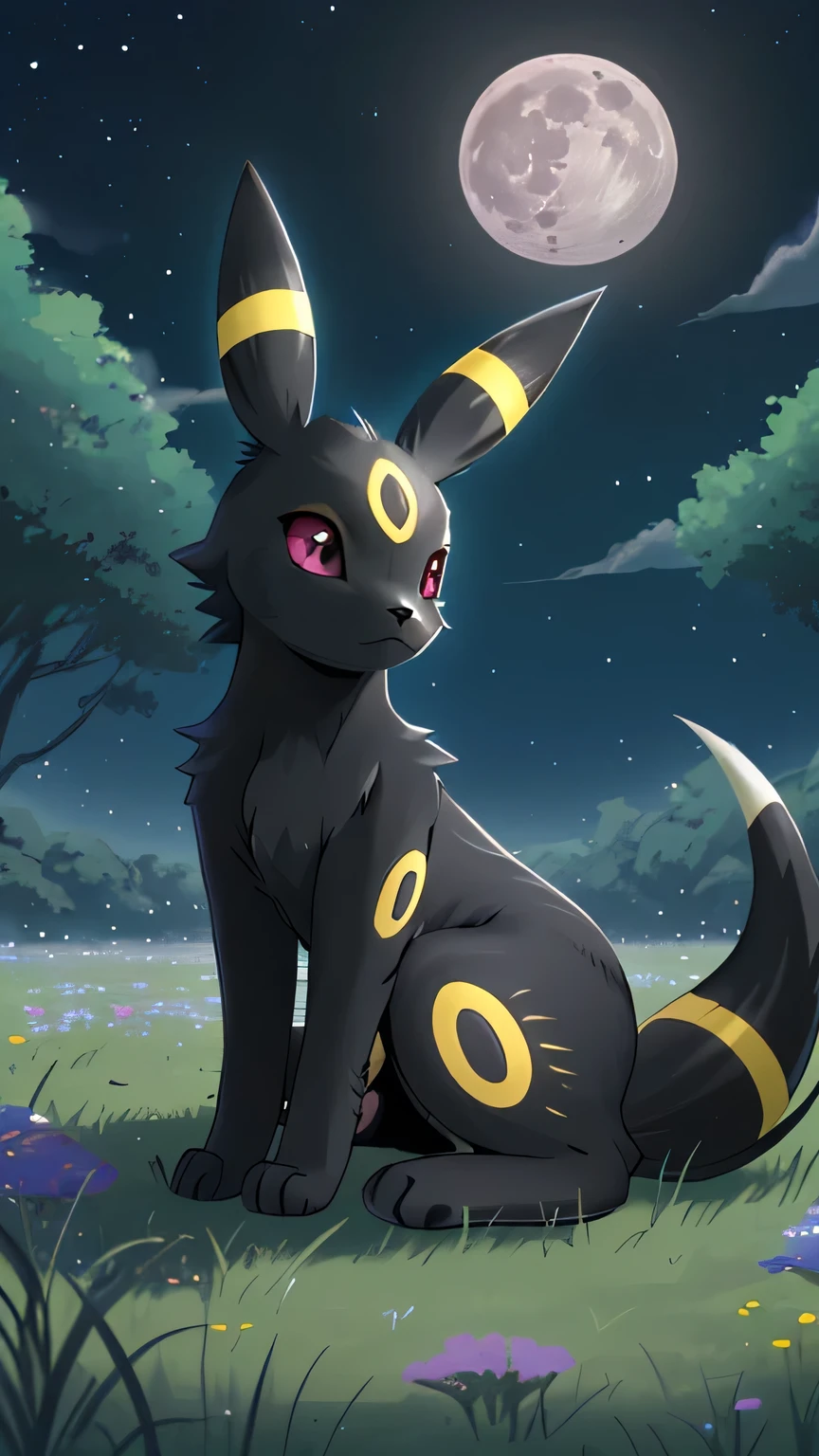 Aerial view,There is a large shining moon in the middle. There are grasslands around Umbrion. Umbreon is sitting on the meadow. Umbreon is looking up at the sky. Umbreon is looking to the side. Distant view, high quality, highly detailed, top quality, highly detailed, beautiful, masterpiece