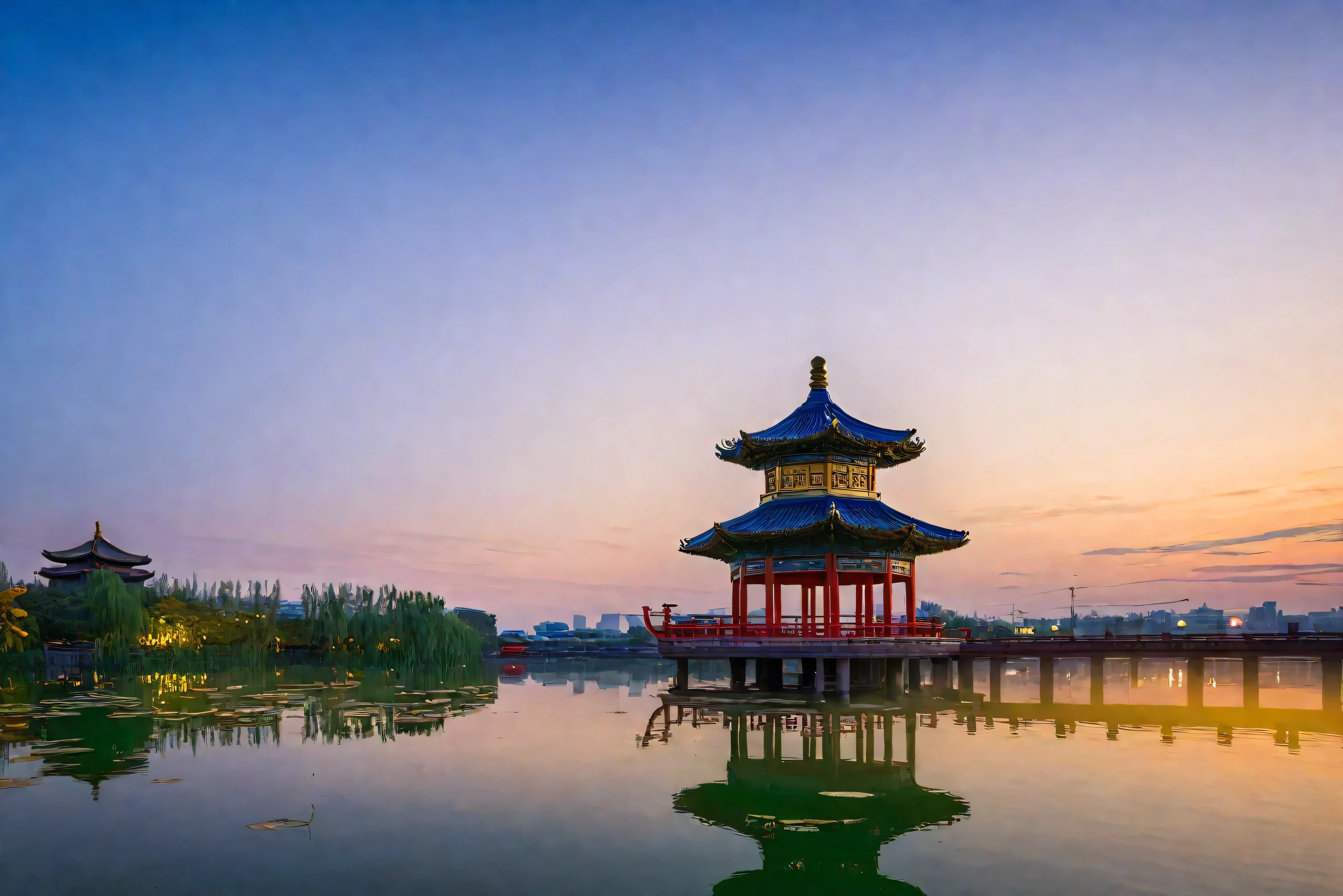 There is a pagoda on the pier,Reflected in the water, Photography taken during the blue hour, Chinese scenery, Chinese dreamland, Shot with Sony a7r camera, author:Bernardino Alavede Lake View, Art Nouveau, Chinese scenery, Golden hour in Beijing, nice images, Sunset, Sunset, Lotus flowers on the water, At sunrise, Lotus Pond, Beautiful scenery 8k、high resolution、National Geographic Works、RAW photos、International Gold Award Photo