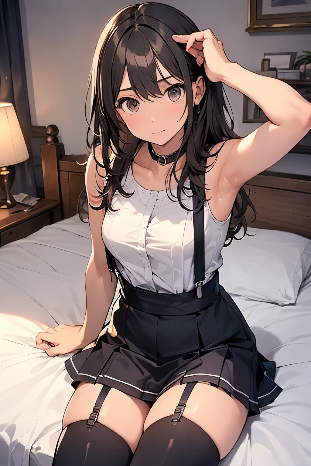 Staring at the audience　　　Black suspenders　　　bulging big breasts　　 　 　　　wall 　mini skirt　garterbelt　garter　　　　　　sight　　　Small face　 　　　holster　　　Beautiful woman　　Show your hand　　 Lying in bed　　sight 　　Taunt　side　side汗 　arm　　belt　summer　Armpit sweat　　Knee-high　Knee-highソックス　