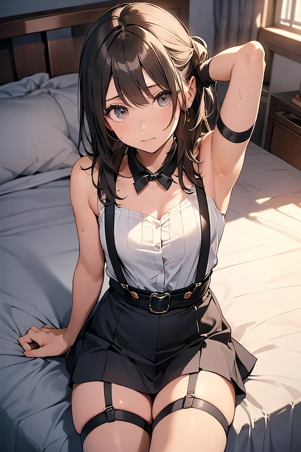 Staring at the audience Black suspenders bulging big breasts wall mini skirt garterbelt garter sight Small face holster Beautiful woman Show your hand Lying in bed sight Taunt side side汗 arm belt summer Armpit sweat Knee-high Knee-highソックス