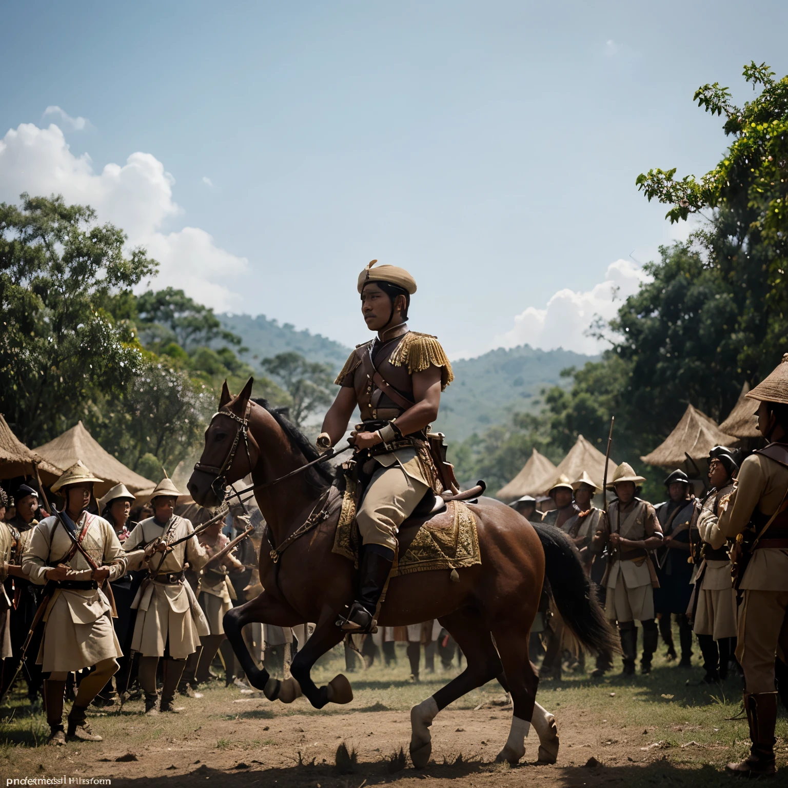 Illustrate Pangeran Diponegoro leading his troops in the Java War. The scene should capture the intensity of battle, with Diponegoro on horseback, wearing traditional Javanese warrior attire, and a determined expression."