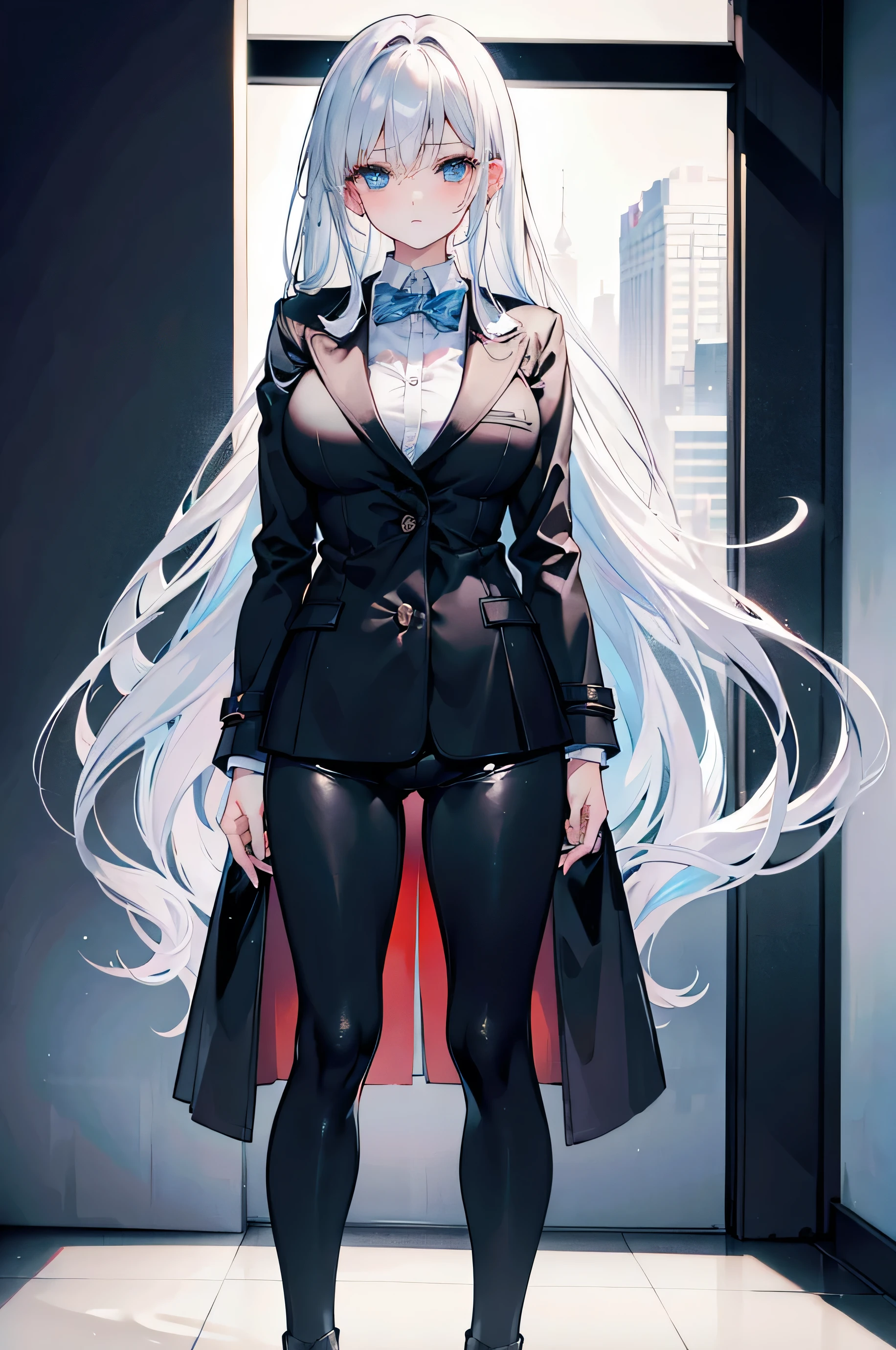 (masterpiece), best quality, expressive eyes, perfect face,highest quality, bestres, highres, absurdres, 8k, hd, 1girl, solo, ultrasharp, looking at viewer, beautiful, sexy, hot, young, black suit, black pants, no nudity, smooth tight fabric, silver hair, beautiful blue eyes, lovely lips, white shoes, standing, in office, blush, black coat, whiteshirt, long hair, buttoned coat, LONG HAIR.