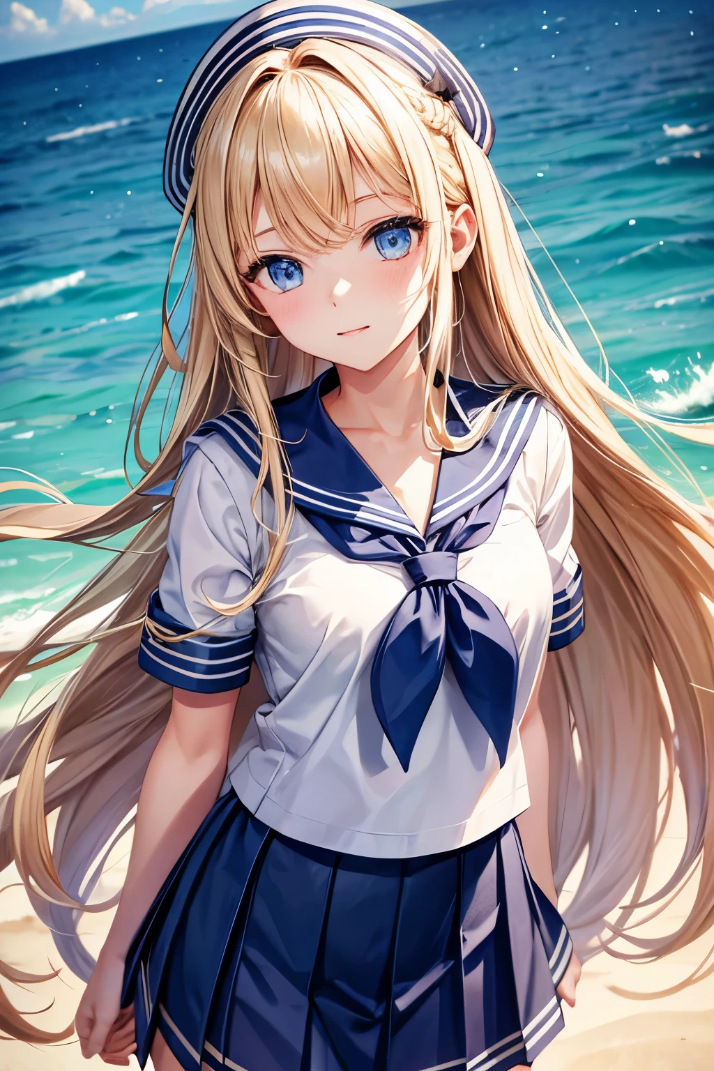 long blonde hair,blue eyes,Girl,Sailor Suit,Pleated Skirt