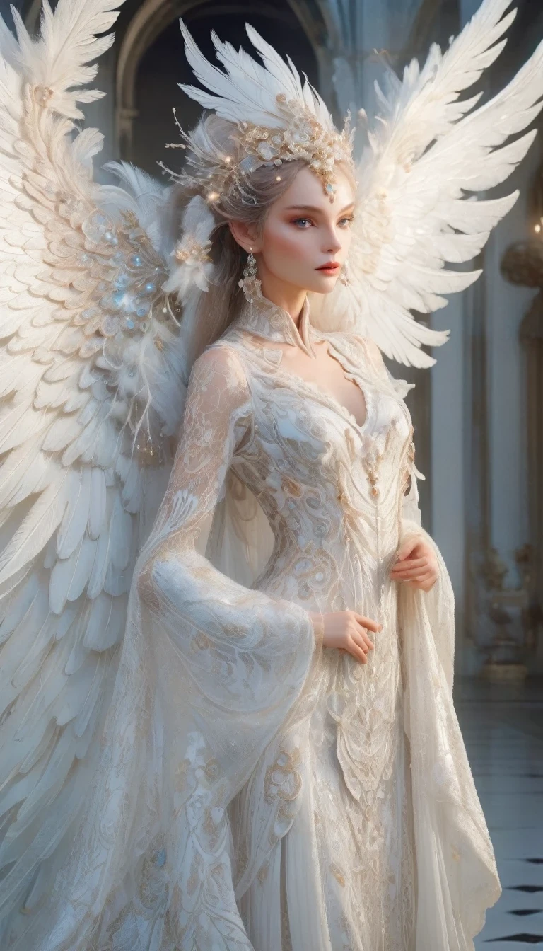 Elf,whole body,a beautiful elf model posing on a runway, wearing a white lace angelic costume with large feathered wings, intricate woven and lace detailing, a divine and ethereal appearance, glowing with heavenly light, hyper-realistic, 8k, highly detailed, photorealistic, dramatic studio lighting, volumetric lighting effects, elegant victorian-inspired fashion, seamless flawless skin, intricate feather textures, translucent wing membranes, flowing graceful pose, serene and angelic expression