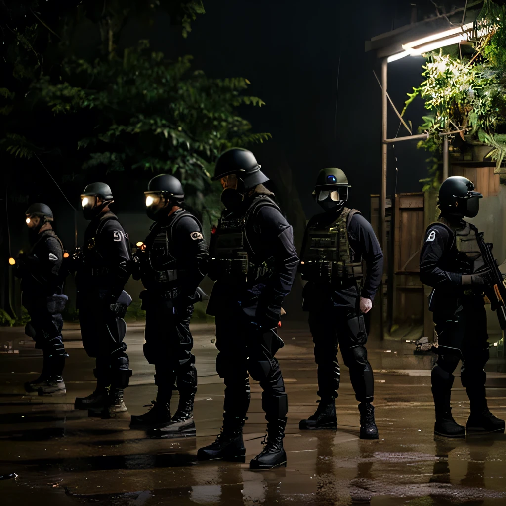 A line of soldier, every of them wearing full black tactical gear: helmet, gas mask, vest, gun, boots and uniform standing straight, standing in line, in his training bootcamp at the jungle rainforest while its heavy rain storm at night