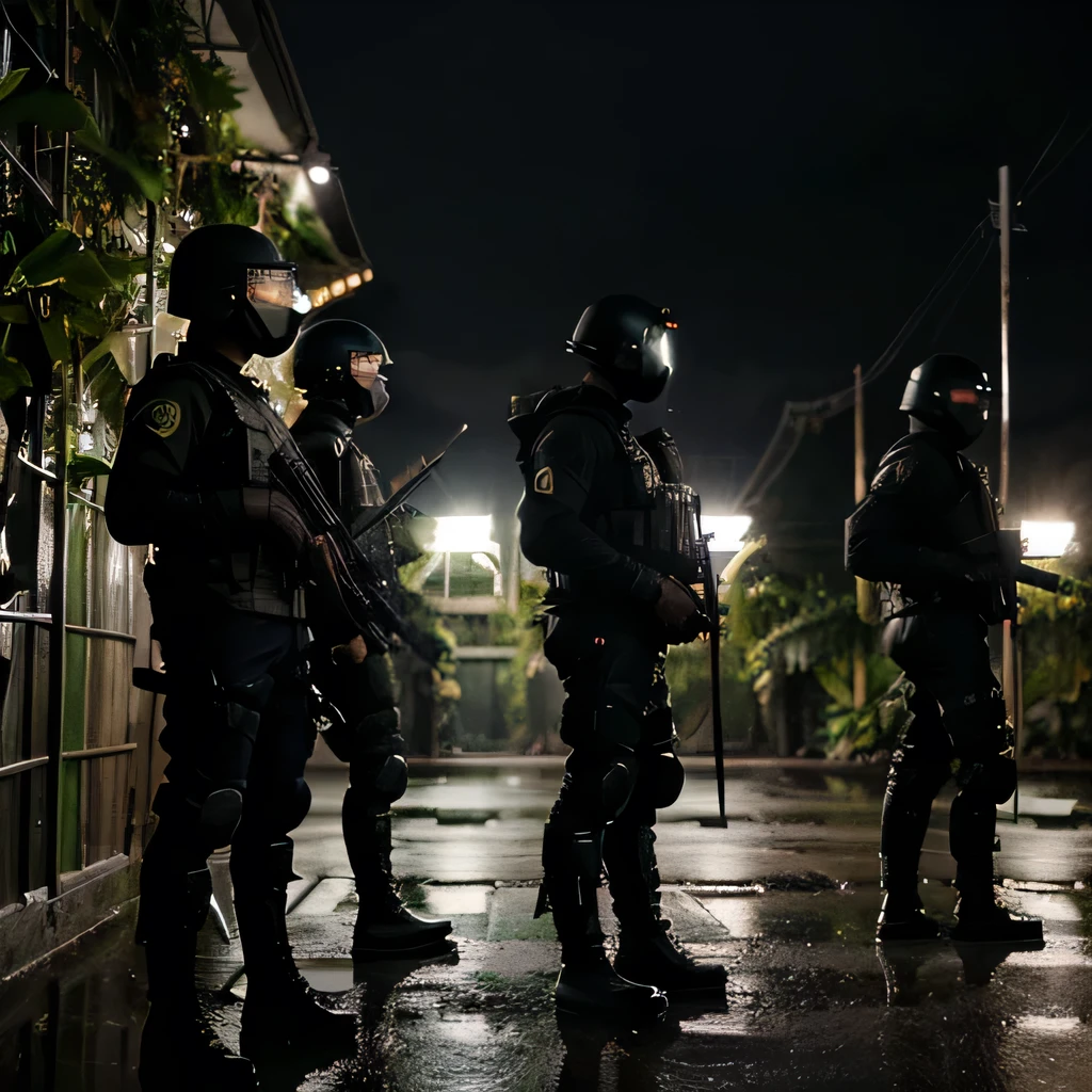 A line of soldier, every of them wearing full black tactical gear: helmet, gas mask, vest, gun, boots and uniform standing straight, standing in line, in his training bootcamp at the jungle rainforest while its heavy rain storm at night