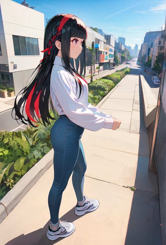 (best quarity,ultra detailed,ultra-high-resolution, absolutely resolution,8k, masterpiece), very-cute-and-beautiful-anime-girl, full body, walking, from side, looking away, smile, white shirts, jeans, crimson eyes, long hair, straght hair, black hairs, (red streaked hair:1.2), blunt bangs, braid, hairband,sneakers, solo, city, street background, blue sky, fish-eye lens,