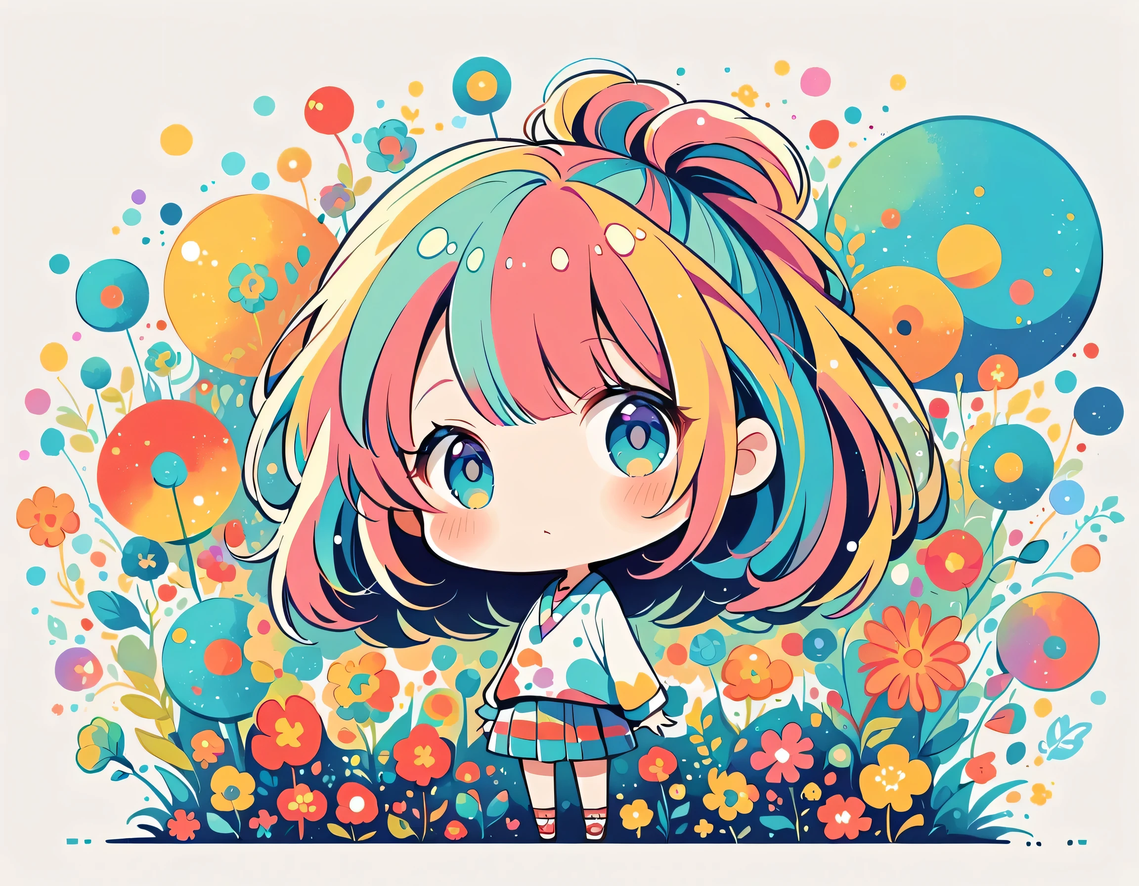 Watase Seizo style, Standing in front of a high wall，Simple Line Initialism，Abstract art，Urban Background, (((The most beautiful girl))), (((chibi))), colorful flowers