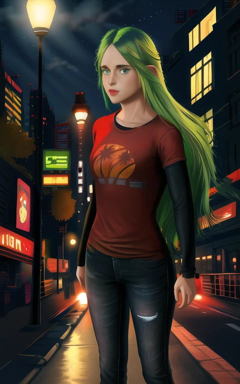 red shirt, long sleeves, standing, neon lights, night, looking at viewer, blue jeans, solo, long hair, Rhea, light green hair, elliet1