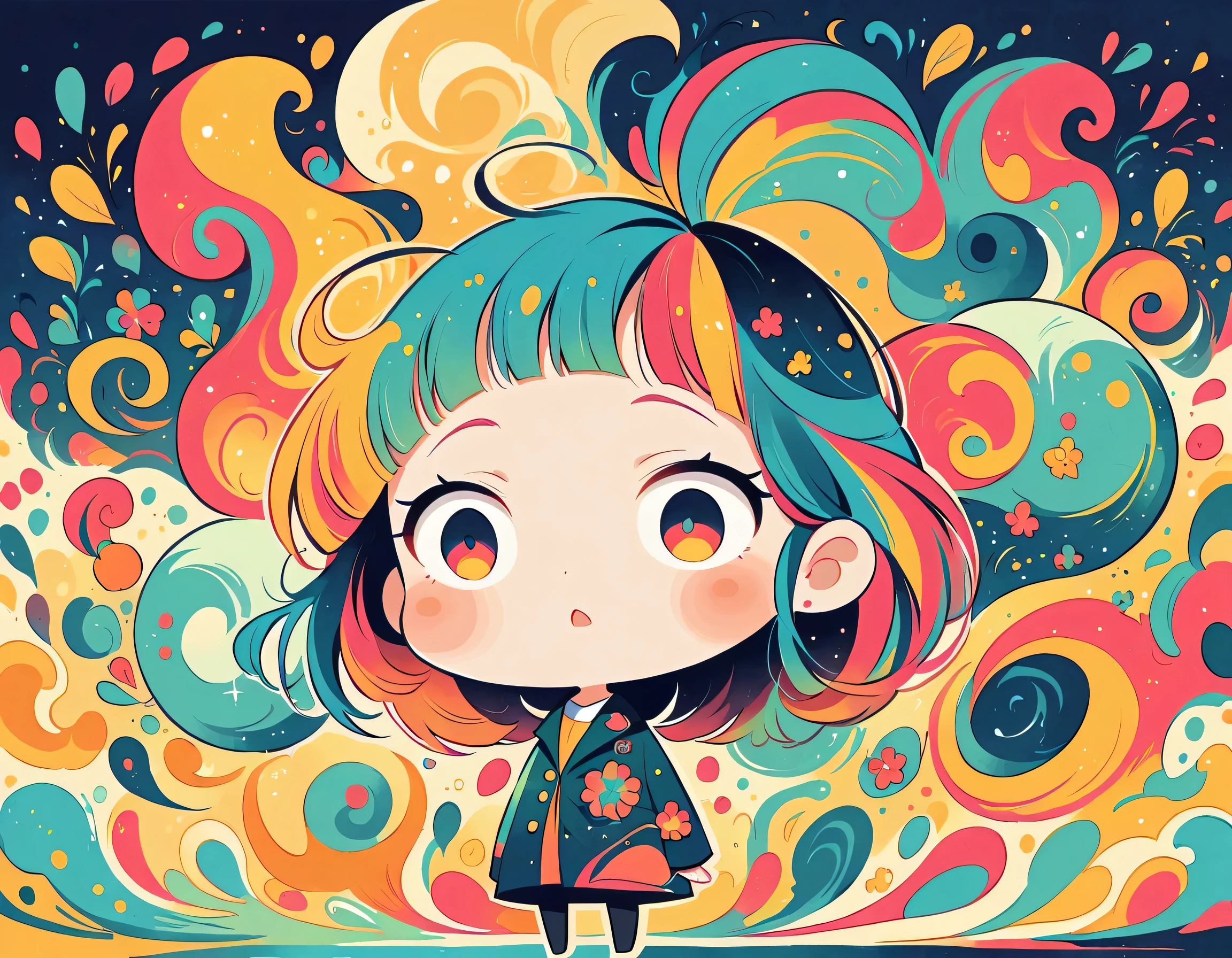 Watase Seizo style, Standing in front of a high wall,Simple Line Initialism,Abstract art,Urban Background, (((The most beautiful girl))), (((chibi))), colorful flowers