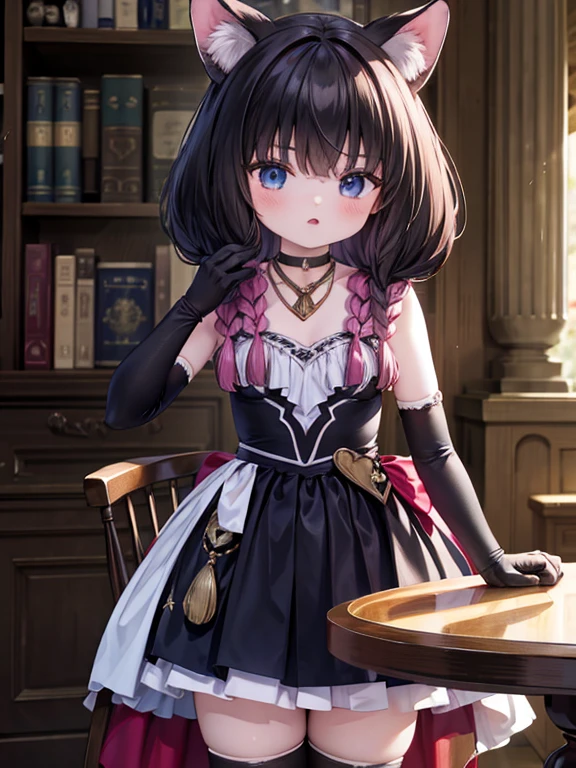 masterpiece, highest quality, Very detailed, 16k, Ultra-high resolution, Cowboy Shot, Detailed face, Perfect Fingers, A -yeld gi black eye, Black Hair, Braid, Luxurious Western-style building, library, Bookshelf, table, Chair, Chairに座る,skirt, thighhighs, gloves, choker, black gloves, elbow gloves,