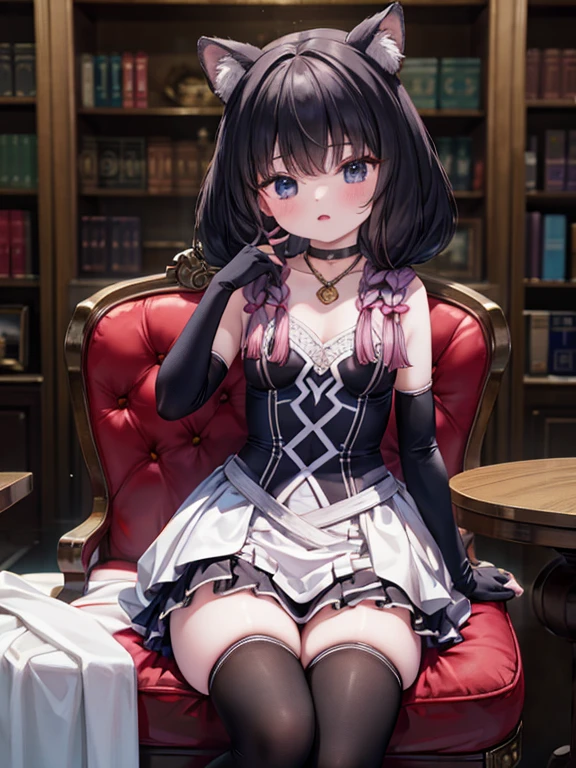 masterpiece, highest quality, Very detailed, 16k, Ultra-high resolution, Cowboy Shot, Detailed face, Perfect Fingers, A ****************, black eye, Black Hair, Braid, Luxurious Western-style building, library, Bookshelf, table, Chair, Chairに座る,skirt, thighhighs, gloves, choker, black gloves, elbow gloves,