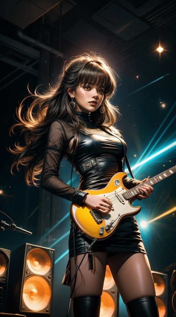 View from below. Beautiful rock-girl. Full length. Use rich colors to create a mystical atmosphere in your work. Use different light sources, such as yellow rays penetrating through the haze, to add depth and mystery. Draw a dynamic portrait of a rock star aged 27-30, focusing on her playing the electric guitar. Pay attention to details such as touching the strings with your fingers and facial expressions while immersed in the music. Add futuristic elements to your artwork, such as electric guitar accessories and space accessories. Emphasize retro and synthwave styles using laser beams, geometric patterns and symbols of the 80s. Experiment with the composition to create a dynamic and exciting image. You can use vintage furniture, palm trees or even spaceships in the background to create a mood. Focus on conveying emotions and moods through the colors, lighting, and gestures of your characters. Let your audience experience the energy and atmosphere of pop-rock music through your works.