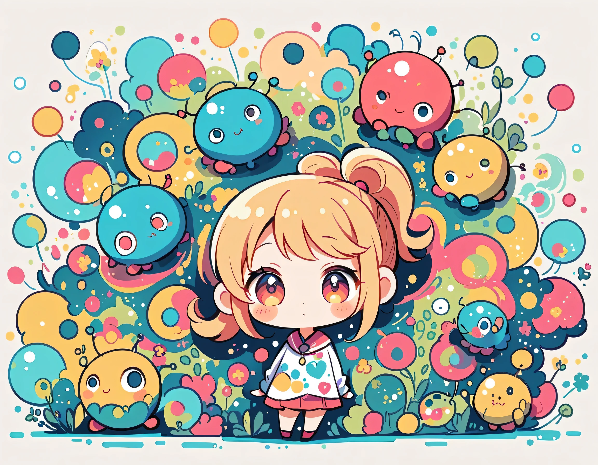 Watase Seizo style, Standing in front of a high wall，Simple Line Initialism，Abstract art，Urban Background, (((The most beautiful girl))), (((chibi))), Cute and colorful pillbugs