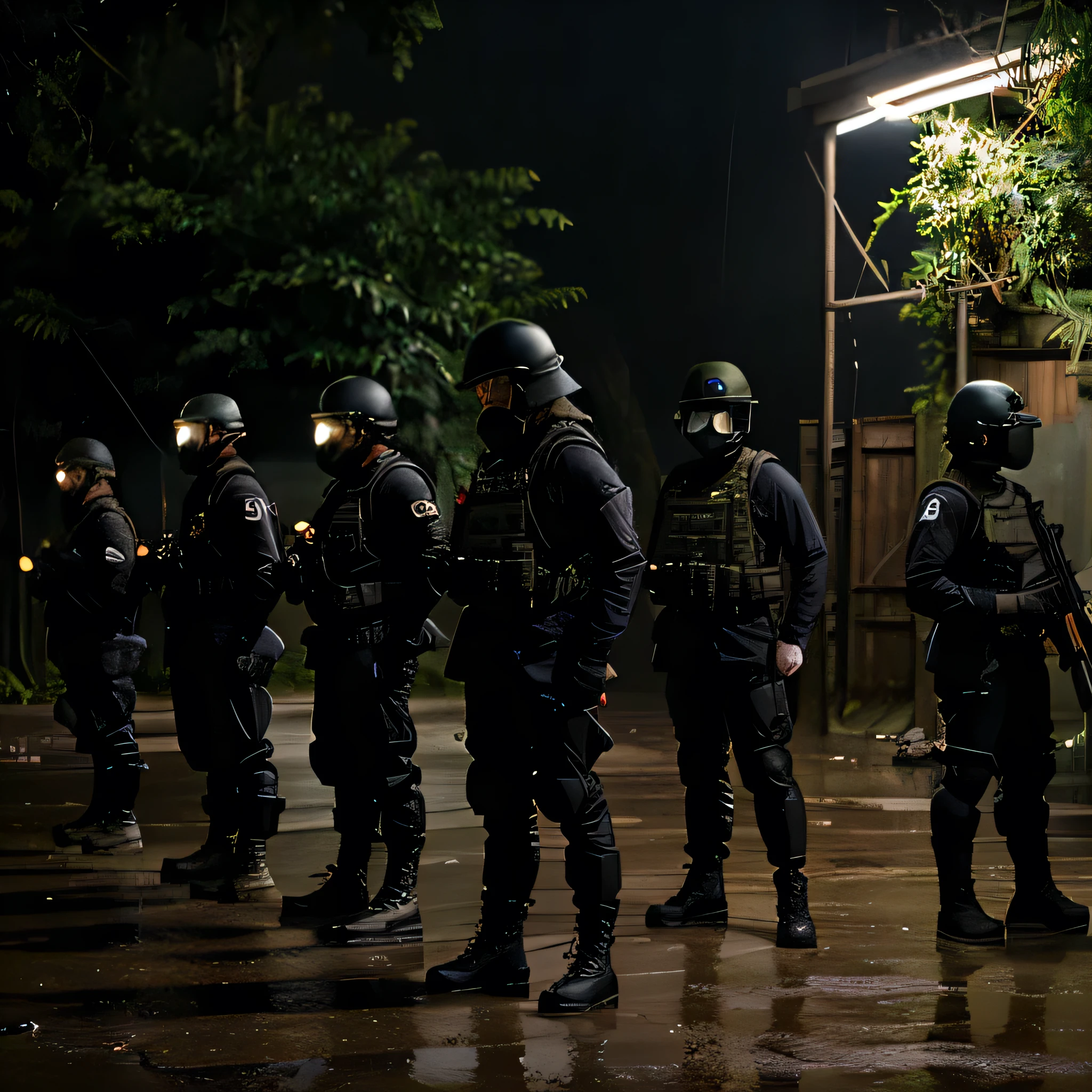A line of soldier, every of them wearing full black tactical gear: helmet, gas mask, vest, gun, boots and uniform standing straight, standing in line, in his training bootcamp at the jungle rainforest while its heavy rain storm at night