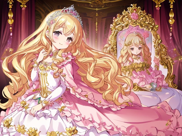 (kawaii),(best quality),(ultra detailed),(rococo style),(long train pastel pink cape:1.15), very long cape,(long train white ball gown with flower decorations:1.1), a girl is wearing a cape over her gown, 1 little princess, tiara, smile, very long hair, small breasts, beautiful detailed eyes, beautiful detailed lips, looking at viewer