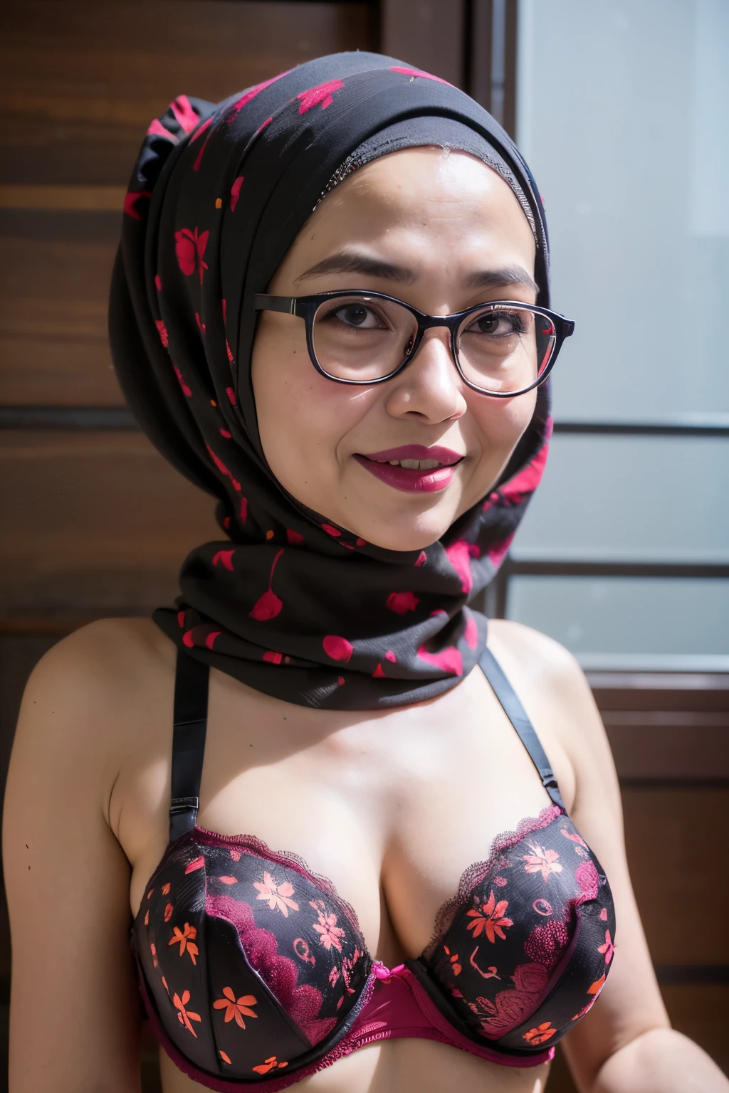 Spectacles, ((Old body lady:1.3)), ((Old lady:1.6)), (Happy smile), (((HIJAB MALAY GIRL))), masutepiece, High quality, UHD 32K, Realistic face, Realistic skin feeling , A Japanese Lady, 58 years old matured lady, , Very cute and baby-like face, (((FLAT CHEST))), (Night time at forest), ((look In front at the camera and SADNESS)), (((CUTE GIRL))), ((DARK RED FLUORESCENT LIPS)), ((Floral Pattern)) little ((wearing strapless bra)), strapless colorful bra, dark night background , black forest night, horror scary place, (from behind up) seductive pose, ((Huge bra:1.6)) Heavy Nipples