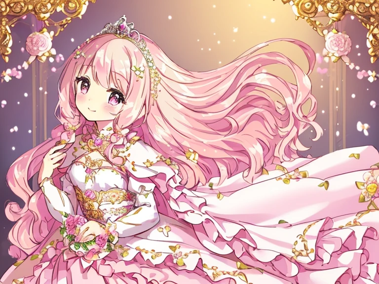 (kawaii),(best quality),(ultra detailed),(rococo style),(long train pastel pink cape:1.15), very long cape,(long train white ball gown with flower decorations:1.1), a girl is wearing a cape over her gown, 1 little princess, tiara, smile, very long hair, small breasts, beautiful detailed eyes, beautiful detailed lips, looking at viewer