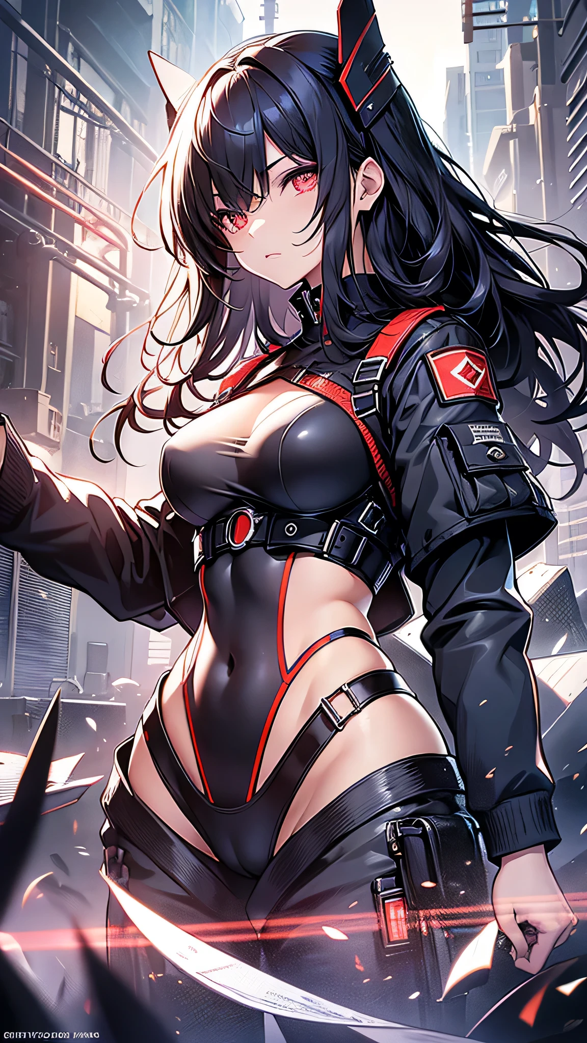 Highest quality、Highest quality、Masterpiece、girl((American、half、18-year-old、as soon as、Highest Bust、Medium Bust、Wide open chest、Red glowing eyes、Black Ear、Red Mesh、Disheveled Hair、Loincloth、thin、The best valley、Open chest、hair ornaments、Full body view、pants、shortTshirt、Random Pause))、high quality、Beautiful Art、background((military base))、flight、Flying Debris、Depth of text、movie、Visual Arts、Perfect Art、8K、Genuine、Special Angles