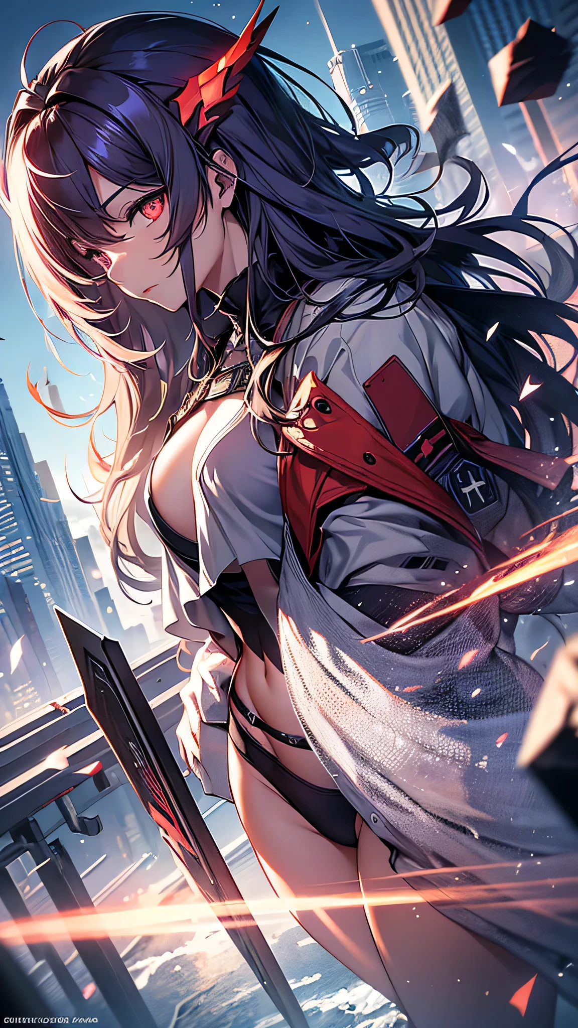 Highest quality、Highest quality、Masterpiece、girl((American、half、18-year-old、as soon as、Highest Bust、Medium Bust、Wide open chest、Red glowing eyes、Black Ear、Red Mesh、Disheveled Hair、Loincloth、thin、The best valley、Open chest、hair ornaments、Full body view、pants、shortTshirt、Random Pause))、high quality、Beautiful Art、background((military base))、flight、Flying Debris、Depth of text、movie、Visual Arts、Perfect Art、8K、Genuine、Special Angles
