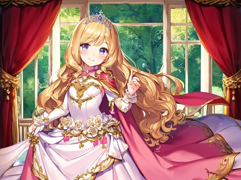 (kawaii),(best quality),(ultra detailed),(rococo style),(long train pastel pink cape:1.15), very long cape,(long train white ball gown with flower decorations:1.1), a girl is wearing a cape over her gown, 1 little princess, tiara, smile, very long hair, small breasts, beautiful detailed eyes, beautiful detailed lips, looking at viewer