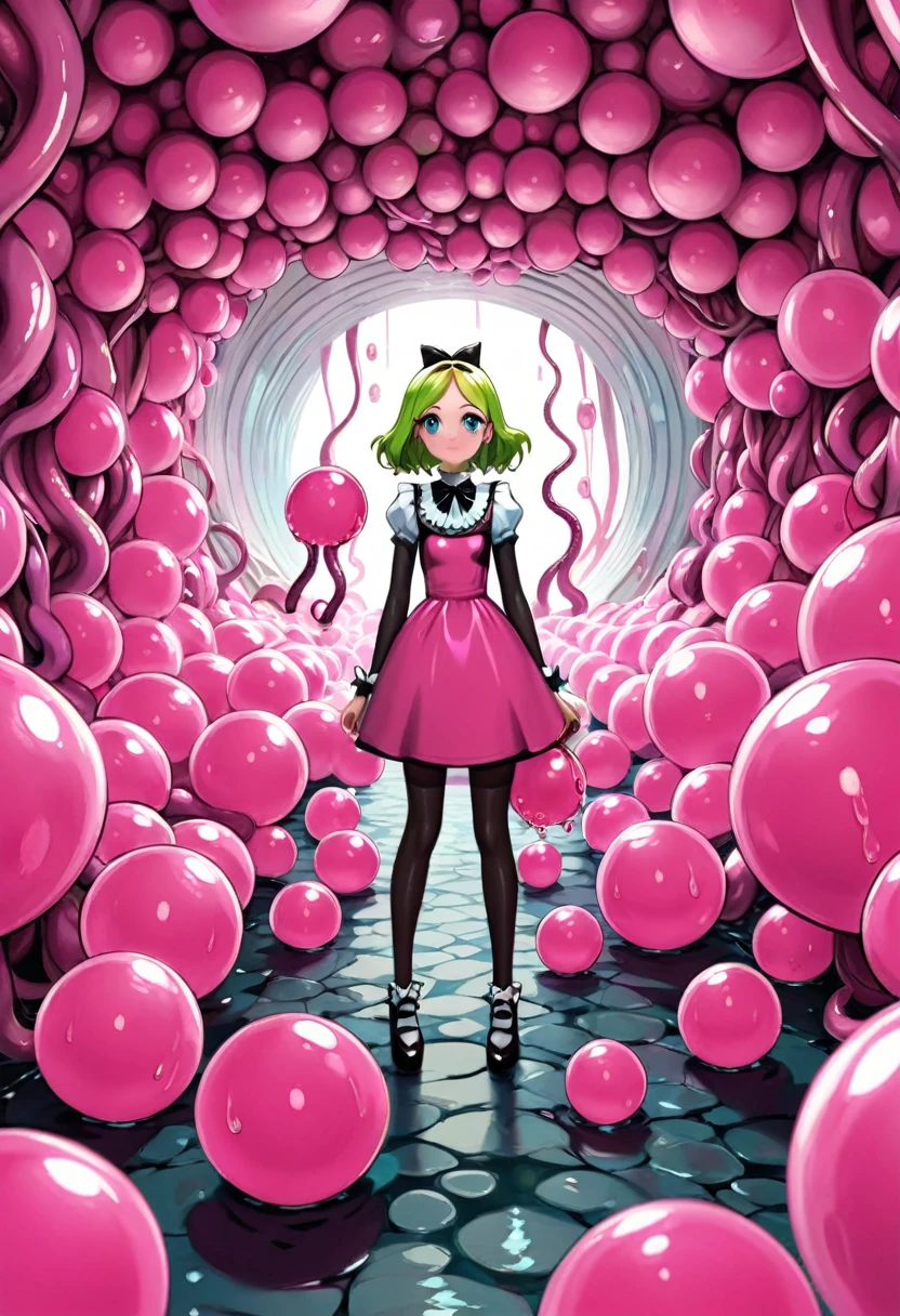 a woman standing in a tunnel of pink balls, zbrush central contest winner, pop surrealism, slime and tentacles, film render, from alice in wonderland, [[fantasy]]
