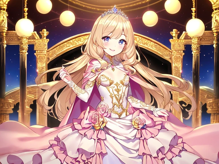 (kawaii),(best quality),(ultra detailed),(rococo style),(long train pastel pink cape:1.15), very long cape,(long train white ball gown with flower decorations:1.1), a girl is wearing a cape over her gown, 1 little princess, tiara, smile, very long hair, small breasts, beautiful detailed eyes, beautiful detailed lips, looking at viewer