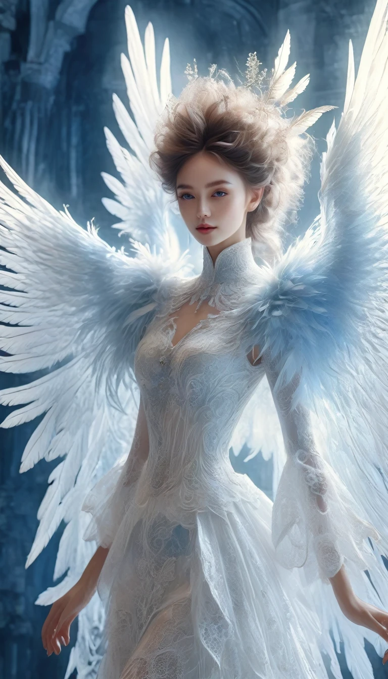 Beautiful elfin model posing on a catwalk in a white lace elfin outfit with huge feathered wings, intricate blue weave and lace detailing, divine and ethereal appearance, shimmering heavenly light, ultra-realistic, 8K, highly detailed, realistic, dramatic studio lighting, volumetric lighting effects, elegant Victorian style fashion, seamless and flawless skin, intricate feathered textures, translucent wing membranes, fluid and graceful posing, serene and angelic expressions