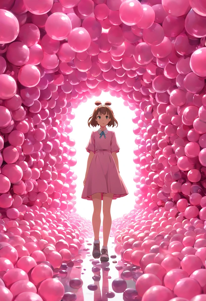 a woman standing in a tunnel of pink balls, zbrush central contest winner, pop surrealism, slime and tentacles, film render, from alice in wonderland, [[fantasy]]
