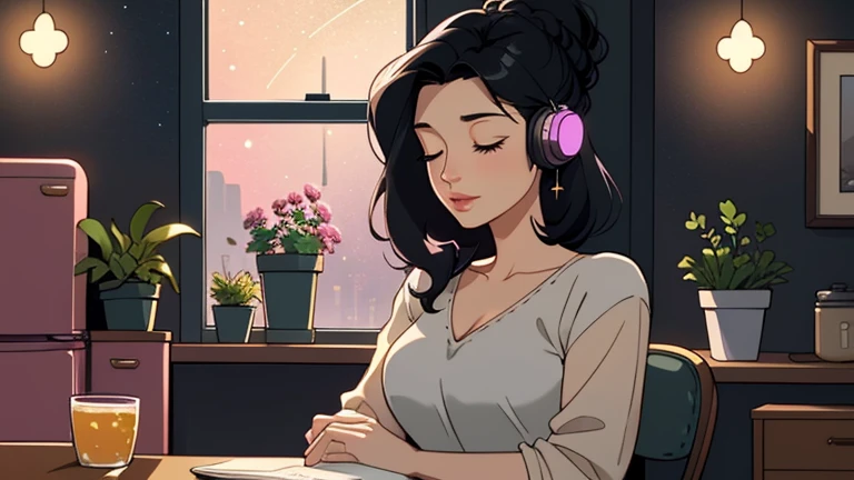 Late at night, a Beautiful woman in her 30s with black hair up is sitting on the chair with her eyes closed in a stylish kitchen. Cozy wallpaper, Gwydz style artwork, LOFI girls, trending at cgstation, relaxed mood, nightcore, cozy, night, wide glass windows, starry sky, table, chair, fridge, sink, V-neck blouse, and she was the only one in the room. beautiful flower. Plants, 2D style animation, looking down.Well-proportioned face, Outside the window is a pitch black starry sky, pink wall, kitchen is dimly, She is wearing headphones and listening to music,