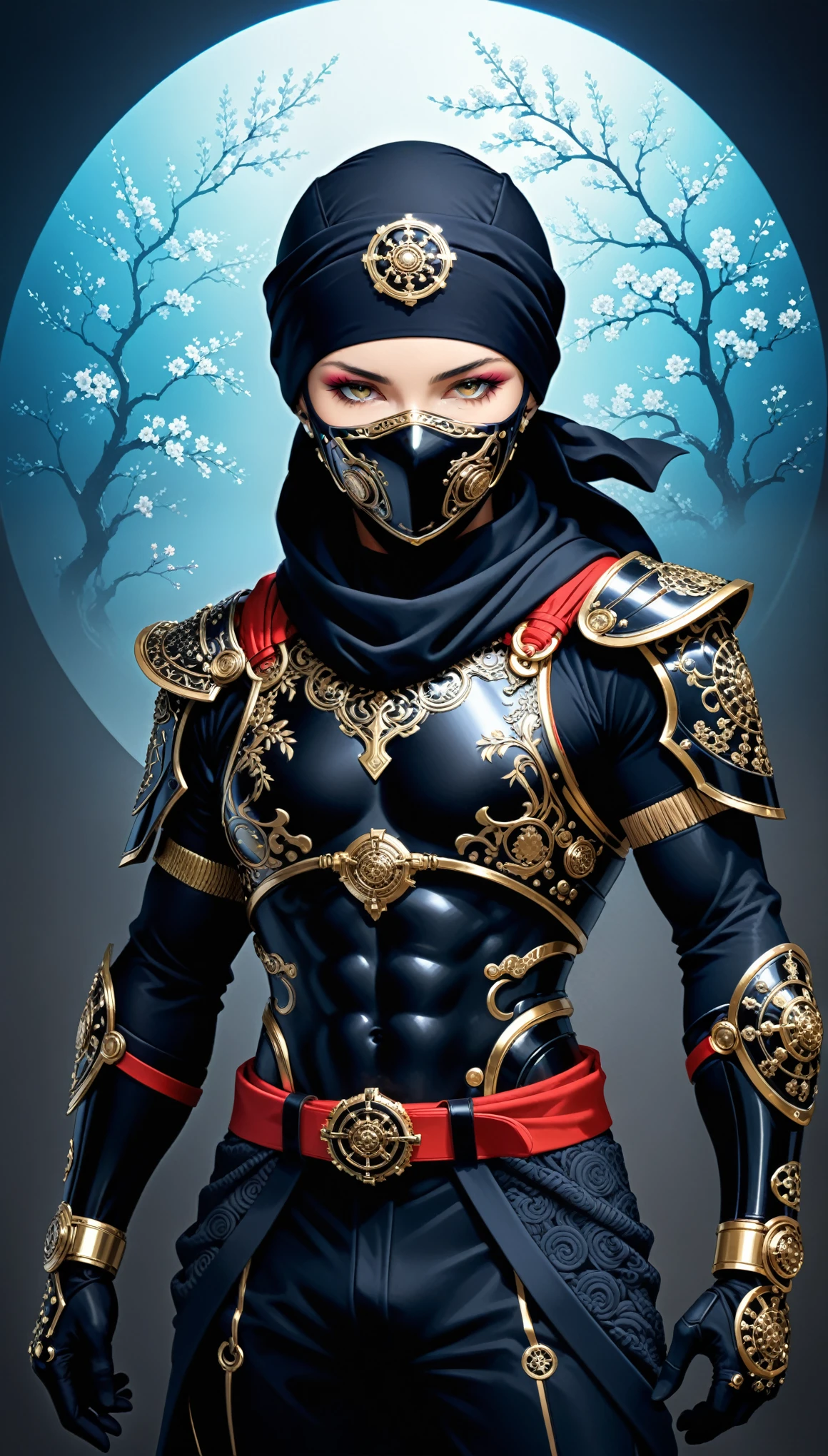 (in style of Nick Veasey:1.4),in style of Karol Bak,2D style,(vivid colors,brilliant colors,multiple colors,multi-color gradient),
1girl,(cowboy_shot:1.3),old japanese ninja,ring background composition,minimalist cherry blossom badge pattern background,
(wrap in a headscarf:1.4),Face Mask: glowing fluorescence bule,Ninja Suit: Dark Navy Blue and Black,Jacket: Black,Pants: Black,Belt: Black or Dark Gray,Leg Wraps: Black,Scarf: dark red,Wrist Guards: Black,Gloves: Black,Straw Sandals: Natural Straw Color or Black,Split-Toe Socks: Black,Shoulder Guards: Black,
(insanely detailed and intricate, hypermaximalist, elegant, ornate, hyper realistic, super detailed:1.1),(dynamic pose:1.3),fighting,