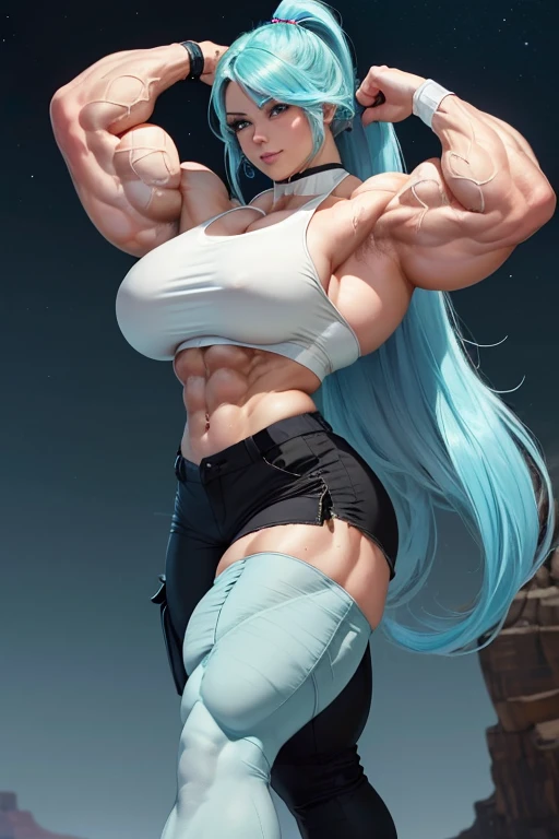 ((((Massive, beautiful, buff, pale white skinned muscular woman with cyan hair, ginormous bulky muscles and wearing a black sports bra with a black cargo pants)))), {close view}, massive muscles, massive biceps, hyper muscle shoulders, massive muscle arms, vascular shoulders, hyper muscle triceps, (long beachy hair), purple eyes, choker, gloves, sneakers, in the Grand Canyon, closed smile, night, hyper vascular arm, hyper muscles arms, hyper muscle legs, massive arms