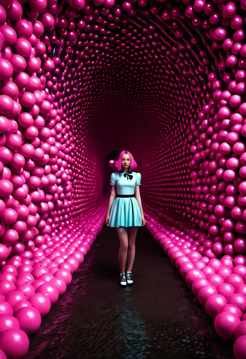 a woman standing in a tunnel of pink balls, zbrush central contest winner, pop surrealism, slime and tentacles, film render, from alice in wonderland, [[fantasy]]
