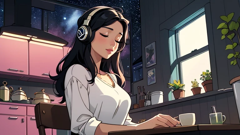 Late at night, a Beautiful woman in her 30s with black hair is sitting on the chair with her eyes closed in a stylish kitchen. Cozy wallpaper, Gwydz style artwork, LOFI girls, trending at cgstation, relaxed mood, nightcore, cozy, night, wide glass windows, starry sky, table, chair, fridge, sink, V-neck blouse, and she was the only one in the room. beautiful flower. Plants, 2D style animation, looking down.Well-proportioned face, Outside the window is a pitch black starry sky, pink wall, kitchen is dimly, She is wearing headphones and listening to music,