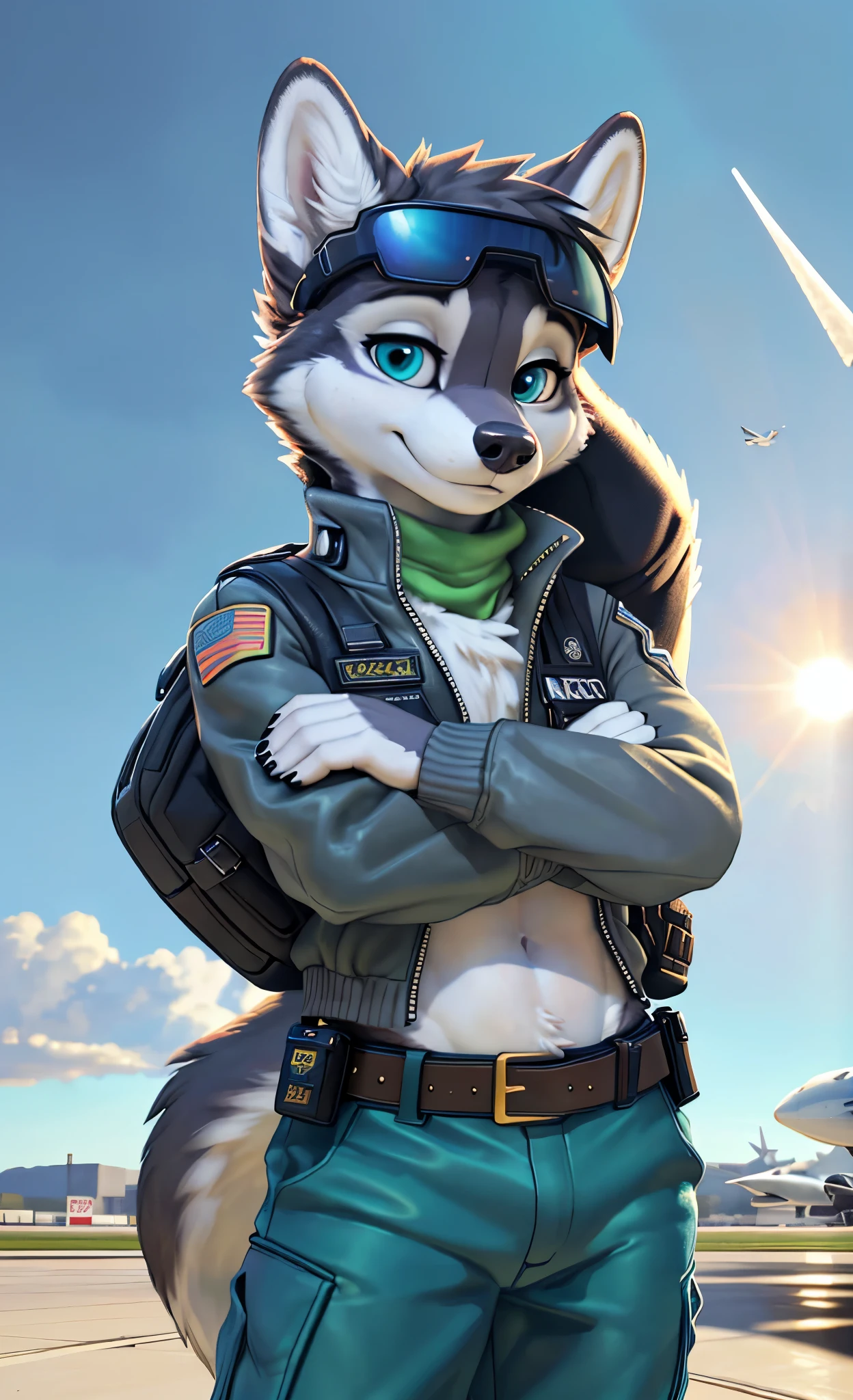 [Uploaded to e621.net; (mayosplash), (Pixelsketcher)], ((masterpiece)), ((HD)), ((high res)), ((solo portrait)), ((full body)), ((front view)), ((furry; anthro)), ((detailed fur)), ((detailed shading)), ((beautiful render art)), ((cel shading)), {(anthro male husky), grey fur, black nose, (pointy ears), (cute round teal eyes), (smug grin), (confident expression)}, {(black zip-up track jacket), (teal shirt), (green scarf), (visors on head), (white leather jacket with shiny texture), (blue cargo pants), (utility belt with gold triangle belt buckle), (grey combat boots)}, {(standing), (crossed arms), (looking for viewer)}, [background; (air force base), (plane runway), (blue sky), (bright sun), (sun rays), (ambient lighting)]