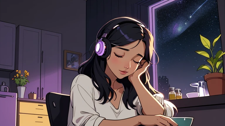Late at night, a Beautiful woman in her 30s with black hair is sitting on the chair with her eyes closed in a stylish kitchen. Cozy wallpaper, Gwydz style artwork, LOFI girls, trending at cgstation, relaxed mood, nightcore, cozy, night, wide glass windows, starry sky, table, chair, fridge, sink, V-neck blouse, and she was the only one in the room. beautiful flower. Plants, 2D style animation, looking down.Well-proportioned face, Outside the window is a pitch black starry sky, purple wall, kitchen is dimly, She is wearing headphones and listening to music,