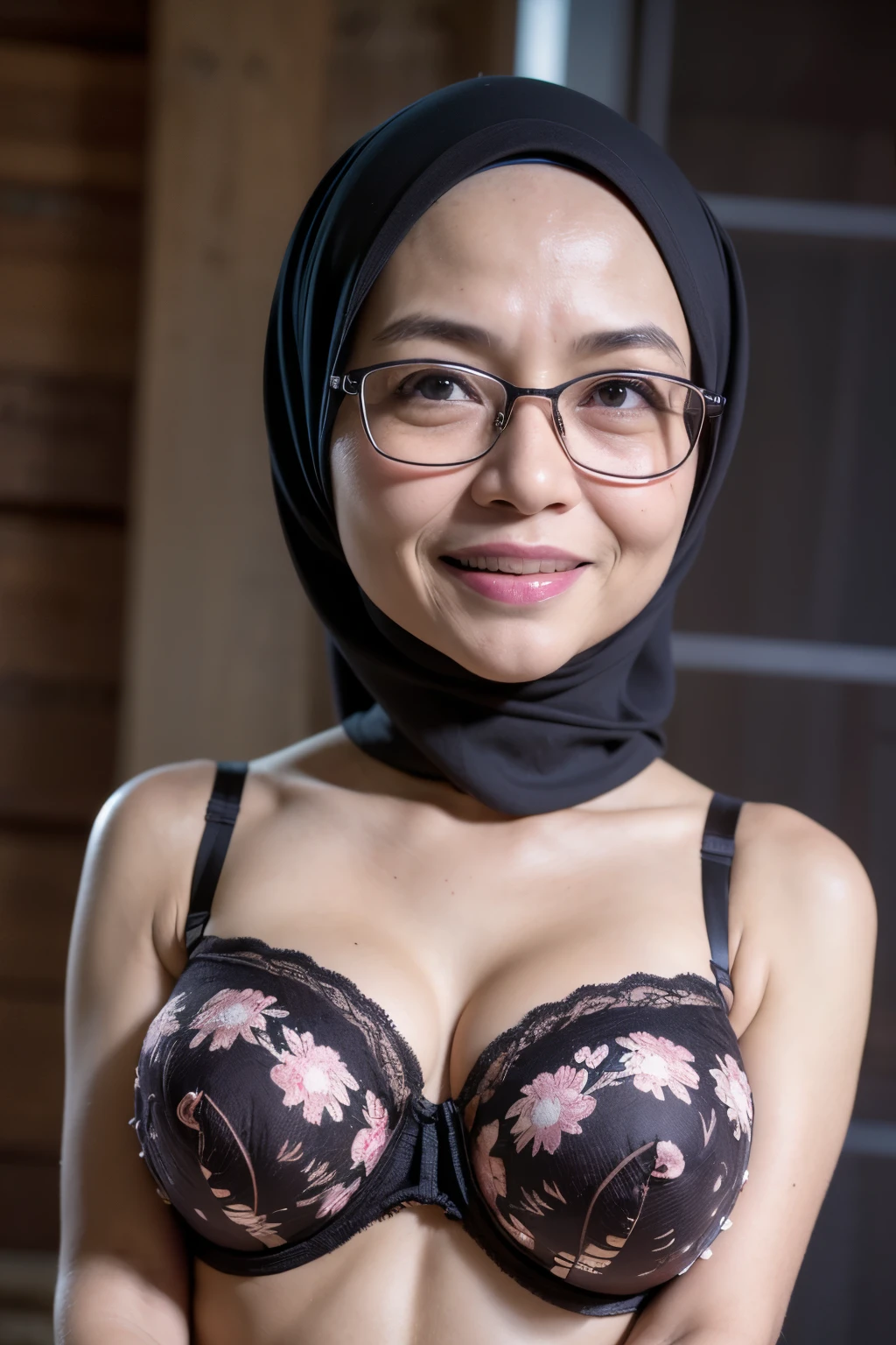 Spectacles, ((Old body lady:1.3)), ((Old lady:1.6)), (Happy smile), (((HIJAB MALAY GIRL))), masutepiece, High quality, UHD 32K, Realistic face, Realistic skin feeling , A Japanese Lady, 58 years old matured lady, , Very cute and baby-like face, (((FLAT CHEST))), (Night time at forest), ((look In front  at the camera and SADNESS)), (((CUTE GIRL))), ((DARK BROWN FLUORESCENT LIPS)), ((Floral Pattern)) little ((wearing strapless bra)), strapless colorful bra, dark night background , black forest night, horror scary place, (from behind up) seductive pose, ((Huge bra:1.6)) Heavy Nipples